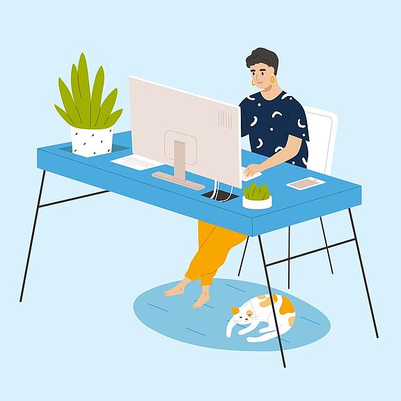 Illustration mit Mensch am Schreibtisch im HomeOffice