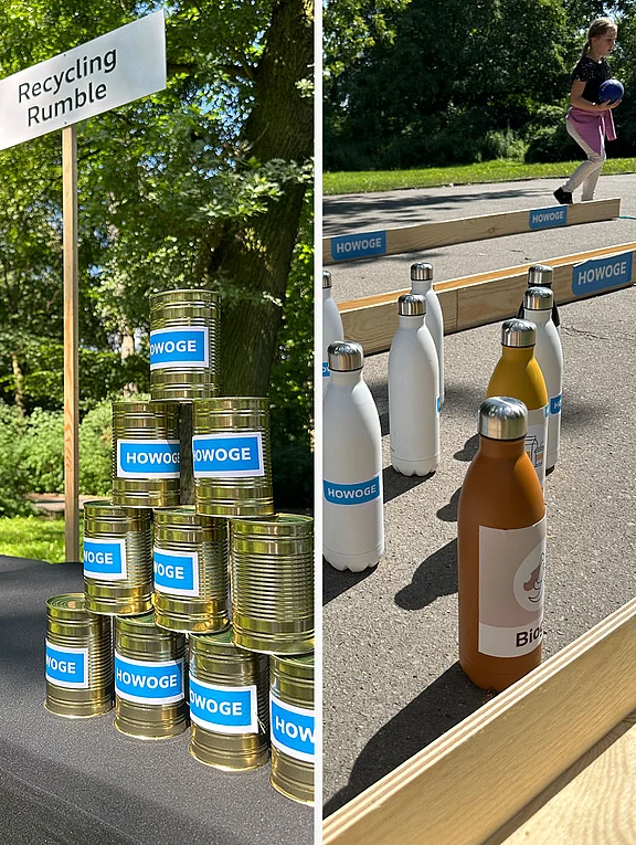 Geteiltes Bild: links ein pyramidenförmig gestapelter Turm aus Dosen mit blauen Etiketten; rechts ein Balance-Parcours mit Flaschen und Balancierbalken..