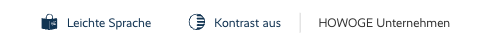 Schaltflächen von links nach rechts: 1. eine Figur mit Buch für Leichte Sprache, 2. ein zur Hälfte ausgefüllter Kreis für Kontrast, 3. HOWOGE Unternehmen