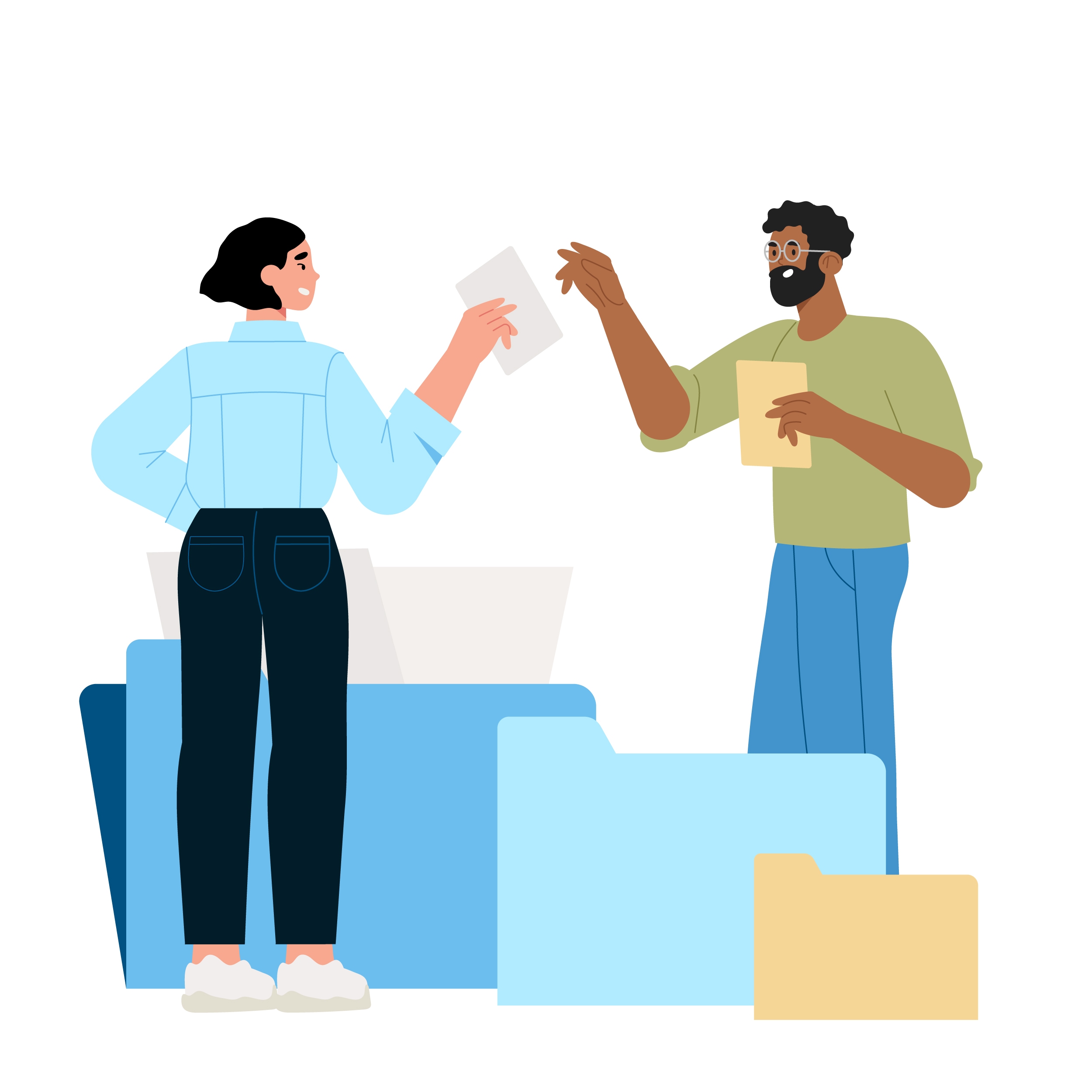 Illustration einer Frau im Jeansjacke, die einem Mann mit Brille und Bart ein Blatt Papier reicht, während er nach dem Papier greift und eine gelbe Mappe hält; im Hintergrund mehrere Aktenordner.