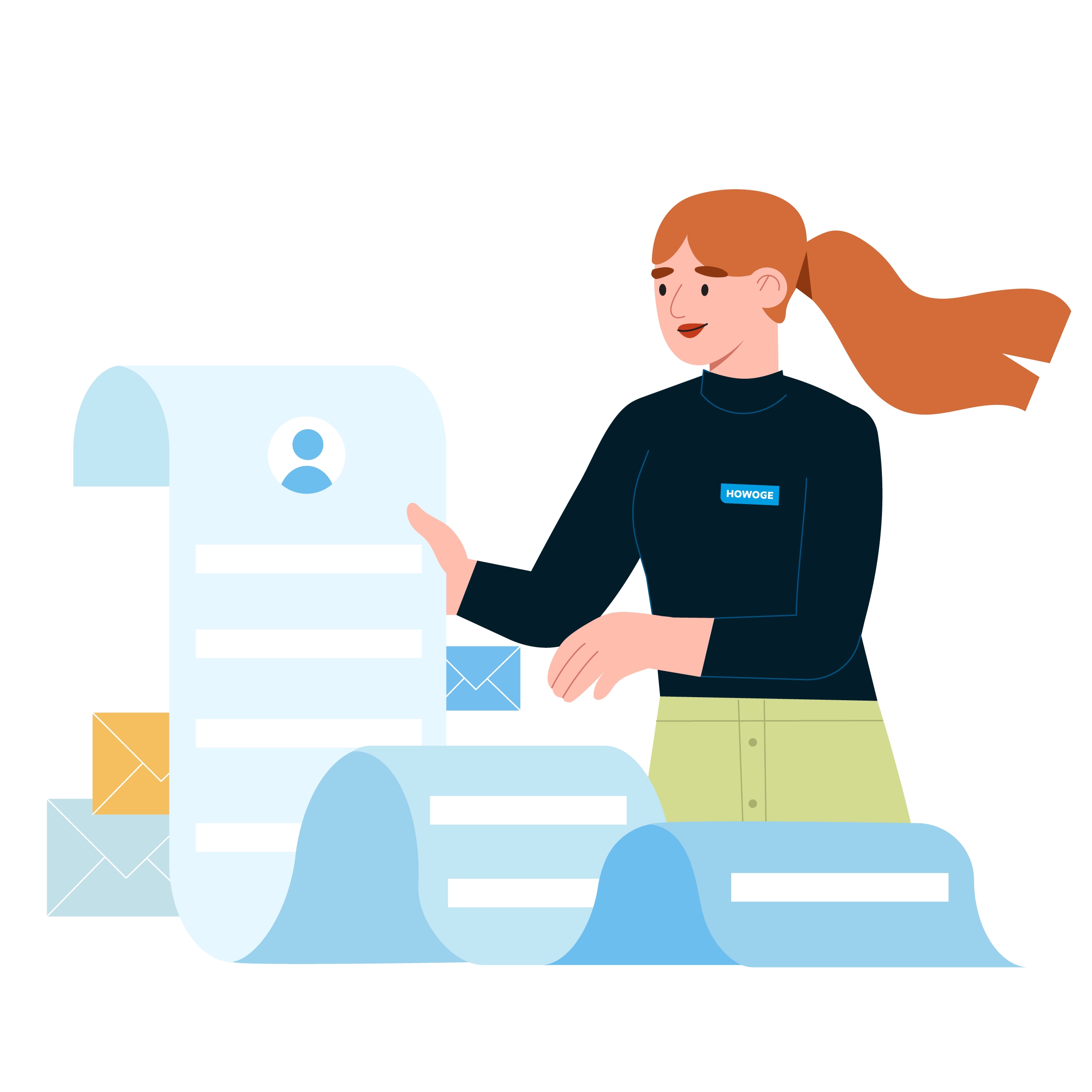 Illustration einer Frau mit orangenem Pferdeschwanz in dunklem HOWOGE-Oberteil, die neben einem großen Formular und Briefumschlag-Symbolen steht.