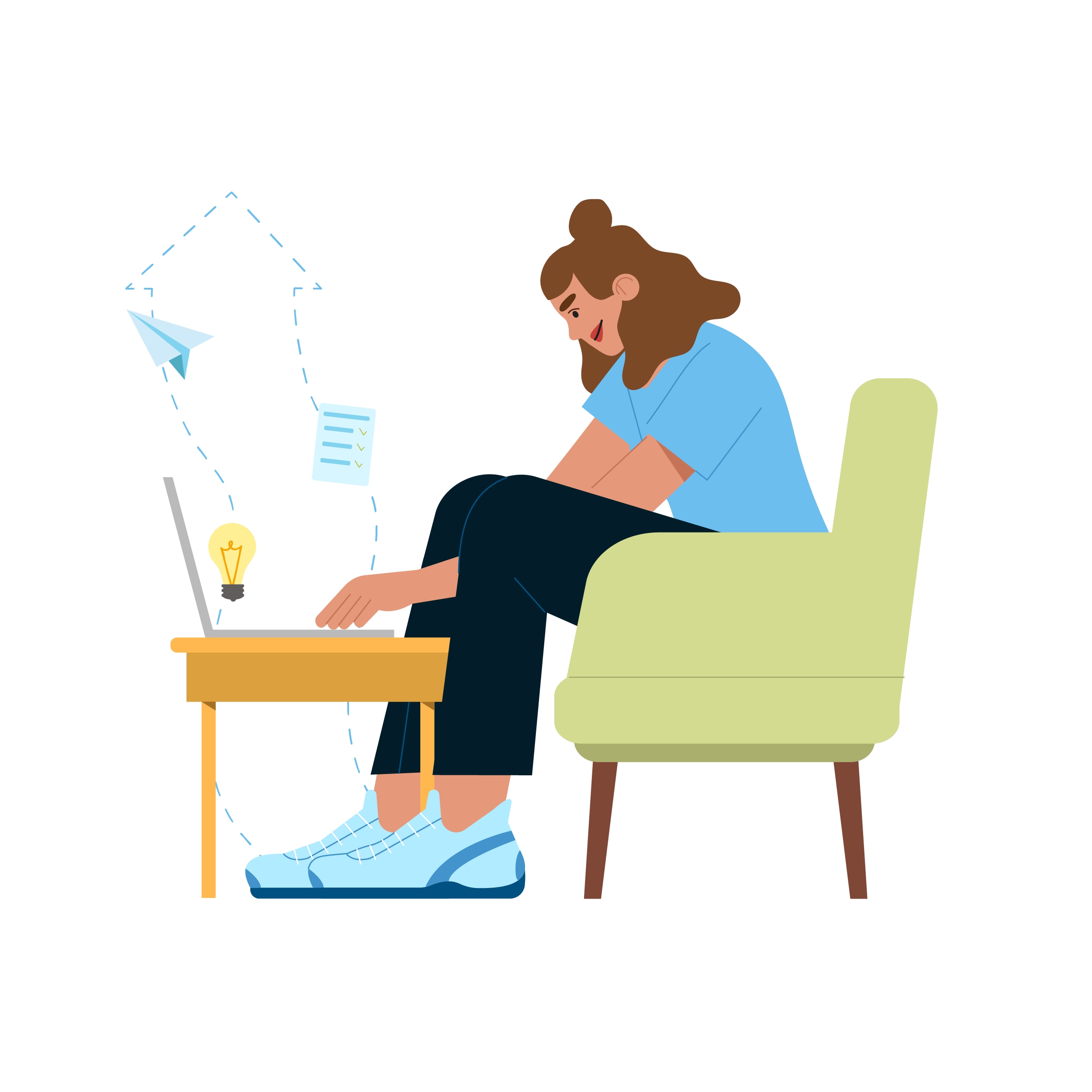 Illustration einer Frau mit Haarknoten, die in einem grünen Sessel sitzt und an einem Laptop arbeitet; daneben schweben Symbole für eine Glühbirne, ein Dokument und einen Papierflieger.