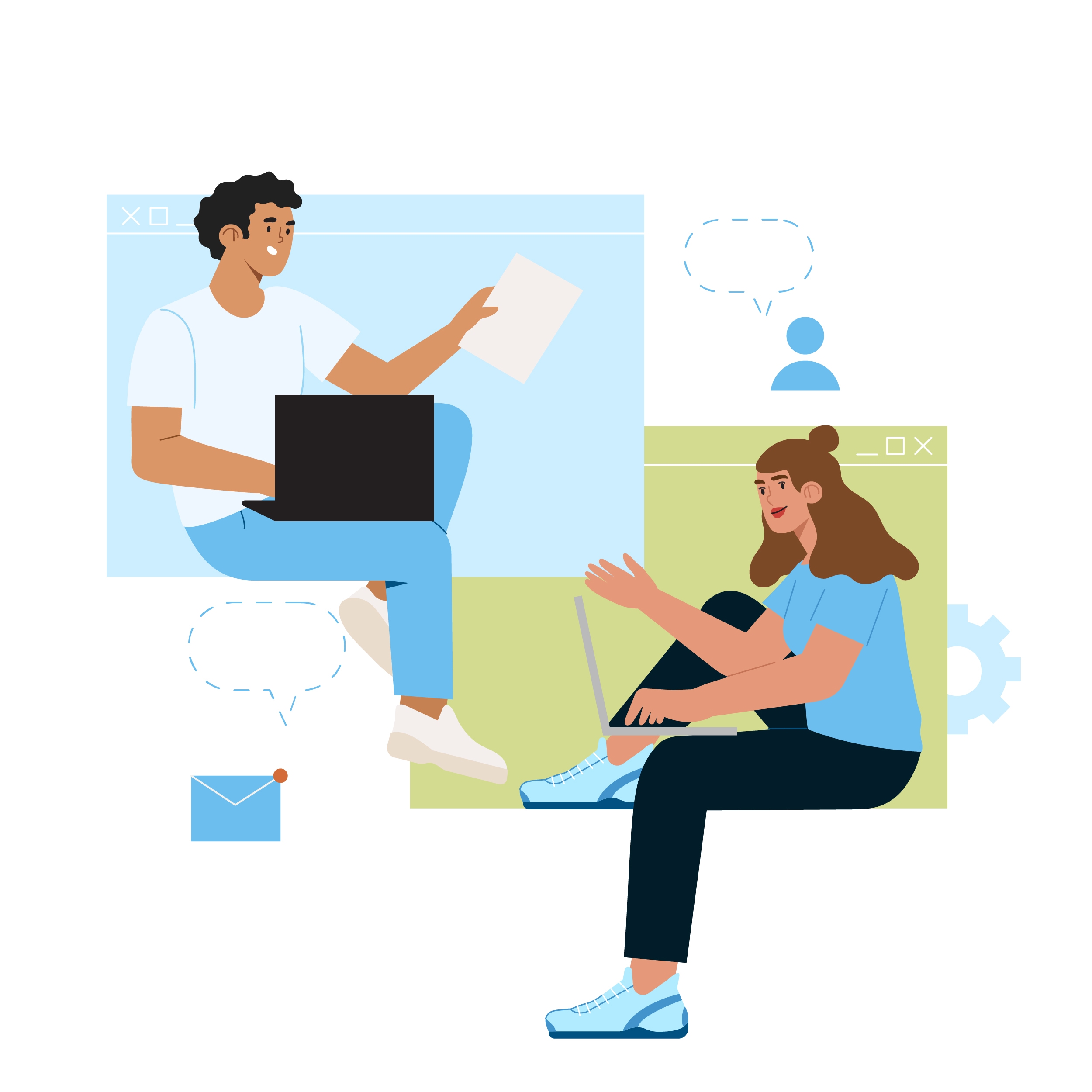 Illustration von zwei Personen in getrennten Browserfenstern, die jeweils mit Laptop sitzen und sich über Sprechblasen austauschen. Im Hintergrund Symbole für E-Mail und Einstellungen.