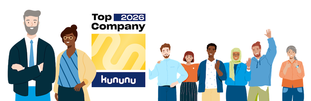 Kununu-Siegel „Top Company 2026" neben einer Illustration jubelnder Personen.