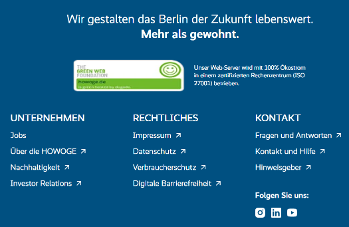 Blauer Kasten mit den Bereichen Unternehmen, Rechtliches und Kontakt sowie Links zu Instagram, LinkedIn und YouTube.